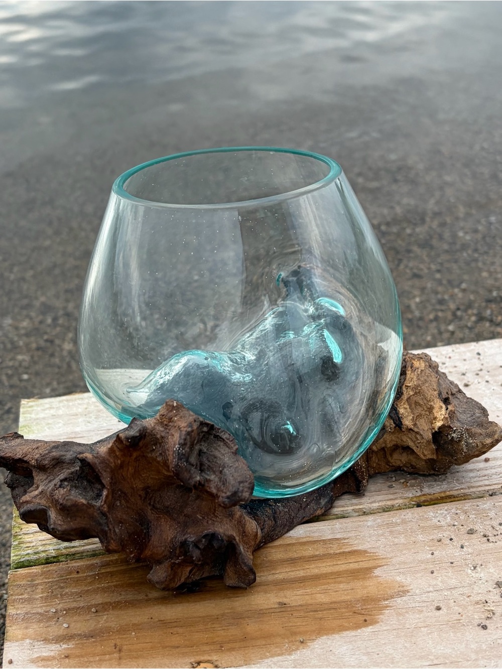 Vtg Organic Modern Burl Wood & Hand Blown Glass Terrarium Bowl MCM Studio Decor - Picture 4 of 8
